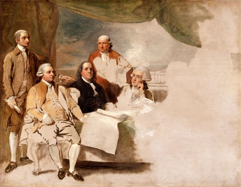 Pictură de Benjamin West înfăţişând delegaţia americană a semnării Tratatului de la Paris din 1783, John Jay, John Adams, Benjamin Franklin, Henry Laurens şi William Temple Franklin. Pictura nu a fost niciodată terminată pentru că, deloc surprinzător, reprezentanţii britanici au refuzat să fie înregistraţi - foto preluat de pe ro.wikipedia.org