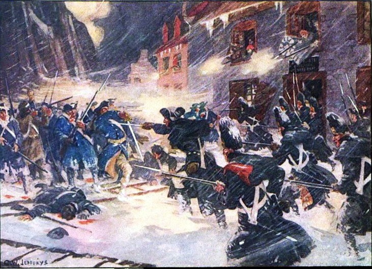 Bătălia de la Quebec (31 decembrie 1775) - Soldaţi canadieni şi britanici atacând
coloana lui Arnold în Sault-au-Matelot
pictură de C. W. Jefferys - foto preluat de pe ro.wikipedia.org