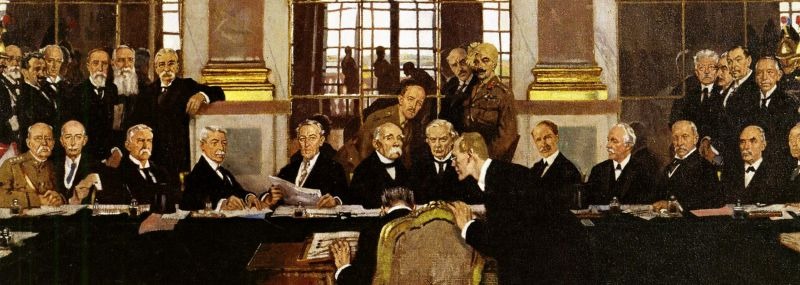 Conferința de Pace de la Paris din 1919 (18 ianuarie 1919 – 21 ianuarie 1920) - (Johannes Bell, delegatul Germaniei, semnând tratatele de pace la 28 iunie 1919 în "Semnarea păcii în Sala Oglinzilor"", tablou realizat de Sir William Orpen) - foto preluat de pe en.wikipedia.org