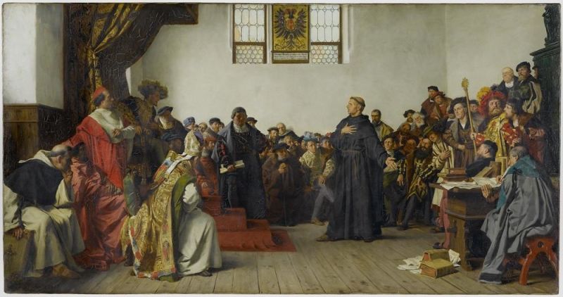 Dieta de la Worms din 1521 a fost o dietă a Sfântului Imperiu Roman, ce a avut loc în orașul Worms din Germania de astăzi, rămas în istorie pentru edictul de la Worms (Wormser Edikt), referitor la Martin Luther și la efectele Reformei Protestante. El s-a ținut între 28 ianuarie și 25 mai 1521, sub conducerea împăratului Carol al V-lea (Luther at the diet of Worms, by von Werner, 1877) - foto preluat de pe en.wikipedia.org