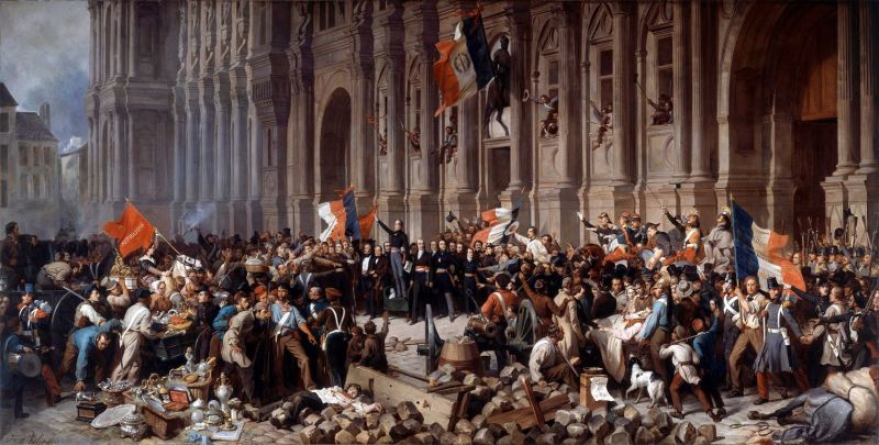 Pictură istorică reprezentându-l pe Alphonse de Lamartine adresându-se mulțimii în fața Primăriei din Paris în timpul Revoluției Franceze din 1848, în timp ce respinge adoptarea steagului roșu.