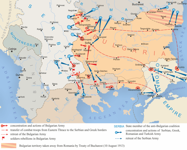 Al doilea război balcanic (16 iunie 1913 - 18 iulie 1913) - Map of the main land operations of the Allied belligerents
(amphibious actions not shown) - foto preluat de pe en.wikipedia.org
