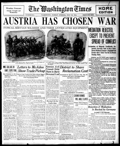The Washington Times July 28, 1914 - foto preluat de pe www.heroesofserbia.com