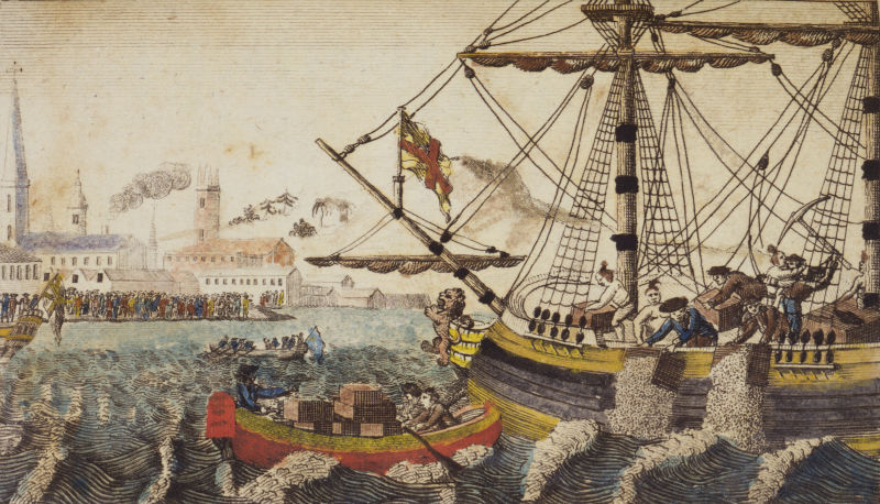 Boston Tea Party -  16 decembrie 1773 (Partida de ceai de la Boston) - Source: W.D. Cooper. Boston Tea Party in The History of North America. London: E. Newberry, 1789. Engraving. Plate opposite p. 58. Rare Book and Special Collections Division, Library of Congress (40) - foto preluat de pe en.wikipedia.org