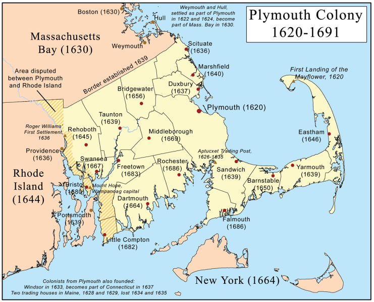 O hartă a coloniei Plymouth (1620 - 1691) cu localizarea oraşelor - foto preluat de pe ro.wikipedia.org