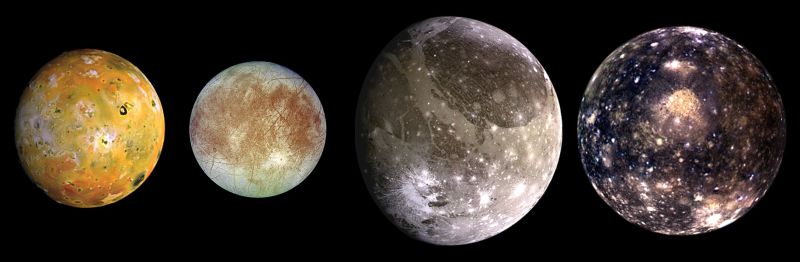 Sateliții galileeni. De la stânga la dreapta, în ordinea creșterii distanței față de Jupiter: Io, Europa, Ganymede, Callisto - foto preluat de pe ro.wikipedia.org