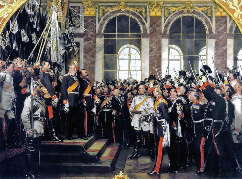 Proclamarea ca împărat a lui Wilhelm I, în „Sala Oglinzilor” din palatul Versailles (18 ianuarie 1871) pictură de Anton von Werner -  foto preluat de pe ro.wikipedia.org