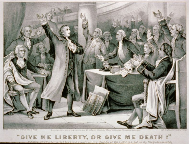 „Dați-mi libertate sau dați-mi moarte!” (Patrick Henry, 23 martie1775) discurs, reprezentat într-o litografia din 1876 de Currier și Ives, găzduită acum în Biblioteca Congresului din Washington, DC - foto preluat de pe en.wikipedia.org