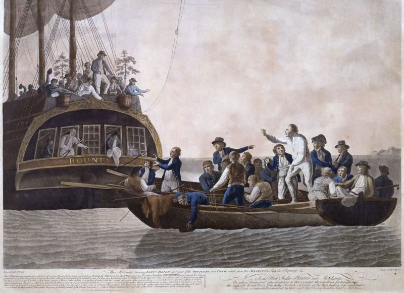 Revolta de pe Bounty (28 aprilie 1789) - Marinarii răsculaţi gonindu-l pe lt. Bligh şi pe unii ofiţeri şi membri ai echipajului de pe HMS Bounty la 29 aprilie 1789. De Robert Dodd - foto preluat de pe ro.wikipedia.org