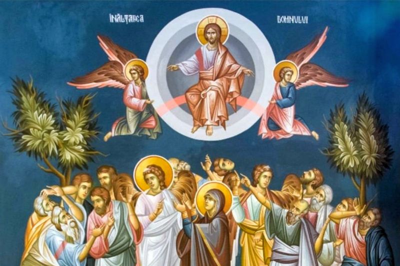 Icoană ortodoxă reprezentând Înălțarea Domnului, cu Iisus Hristos ridicându-Se la cer înconjurat de îngeri și de apostoli.