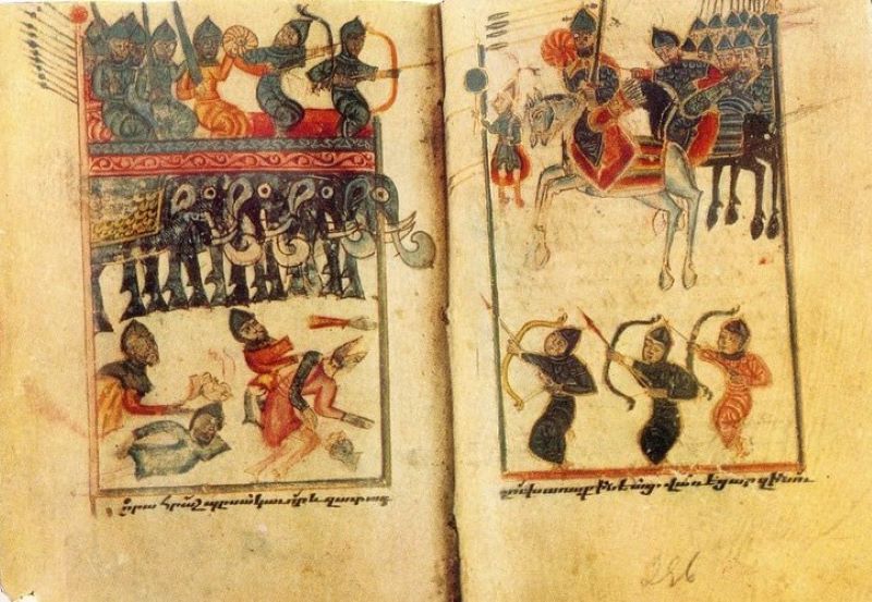 Bătălia de la Avarayr (26 mai 451) parte din Războiul Vardananților - miniatură armeană din secolul al XV-lea, de Karapet Berkretsi - foto preluat de pe ro.wikipedia.org