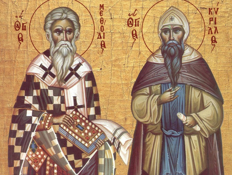 Sfinții Metodie și Chiril, apostolii slavilor - Icoană sec. XX, Grecia, Colecția Sinaxar la Sfinții zilei (icoanele litografiate se găsesc la Catedrala Mitropolitană din Iași) - foto preluat de pe www.crestinortodox.ro