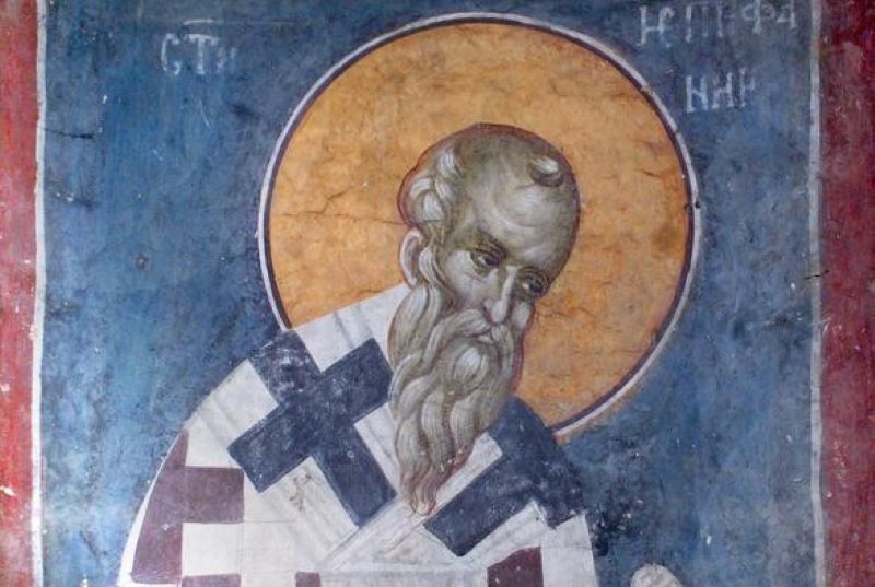 Sfântul Ierarh Epifanie, arhiepiscopul Ciprului (315 - 403) Frescă din mânăstirea Graceanița - Kosovo - foto preluat de pe ro.orthodoxwiki.org