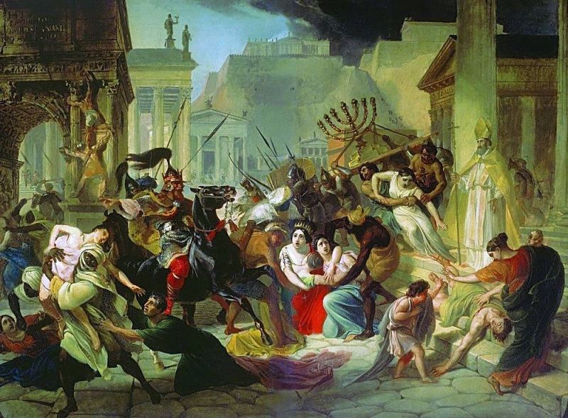 O pictură istorică în ulei de Karl Briullov care înfățișează jefuirea Romei de către vandali sub conducerea lui Genseric în anul 455. Scenă de o mare intensitate dramatică, cu soldați pe cai, femei romane luate prizoniere, războinici care cară Menora de aur și un papă în haine ecleziastice galbene în partea dreaptă.