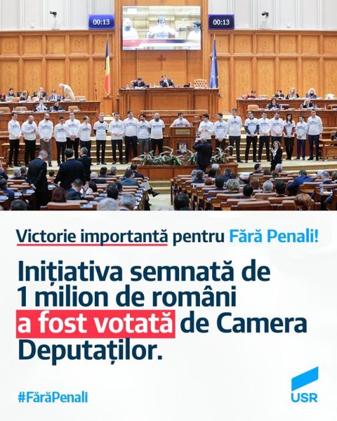 Primul pas spre referendumul Fără penali! Inițiativa semnată de 1 milion de români, votată de Camera Deputaților - foto preluat de pe www.facebook.com/USRNational