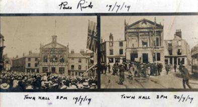 Primăria de pe strada George, înainte și după incendiul provocat de Revoltele de Ziua Păcii din Luton (19 - 21 iulie 1919) -   - foto preluat de pe en.wikipedia.org
