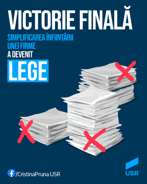 Legea USR privind simplificarea înființării unei firme a fost promulgată - foto preluat de pe www.facebook.com/CristinaPruna.USR
