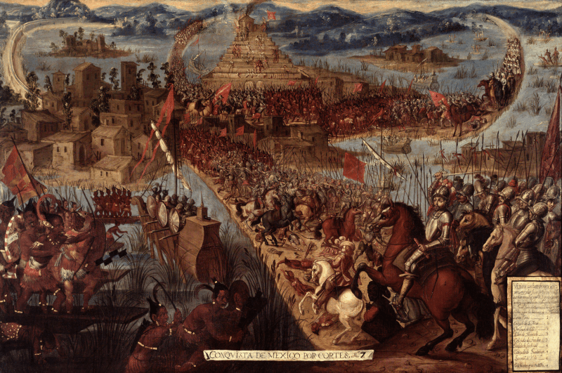 Cucerirea spaniolă a Imperiului Aztec - Parte a colonizării spaniole a Americilor și a războaielor indiene mexicane (februarie 1519 – 13 august 1521 împotriva Imperiului Aztec, după 1522 – 17 februarie 1530 împotriva Imperiului Purépecha) „Cucerirea Mexicului de către Cortés”, ulei pe pânză - foto preluat de pe en.wikipedia.org