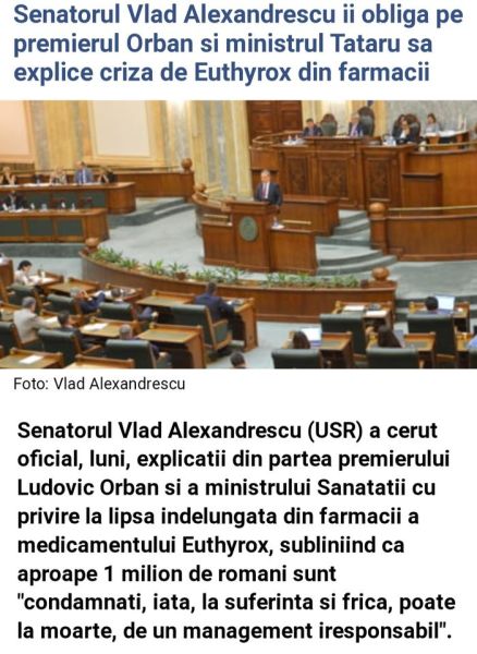 Vlad Alexandrescu: Mă lupt de câteva luni bune pentru rezolvarea crizei Euthyrox, medicament esențial pentru tratarea pacienților cu afecțiuni tiroidiene (8 august 2020) - foto preluat de pe www.facebook.com/vlad.alexandrescu.oficial