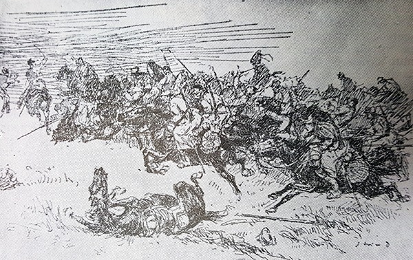 Șarjă a cavaleriei române în luptele de la Bazargic (5 - 7 septembrie 1916) – desen de D. Stoica - foto preluat de pe www.bunicutavirtuala.com