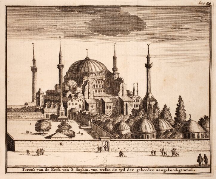Hagia Sofia din Istanbul (din "Verhandeling van de godsdienst der Mahometaanen", de Adriaan Reland , 1719 - foto preluat de pe en.wikipedia.org
