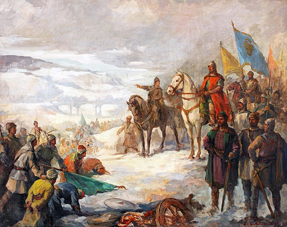 Ștefan cel Mare în Bătălia de la Vaslui/Podul Înalt (10 ianuarie 1475) Pictură de Honorius Crețulescu - foto preluat de pe www.bunicutavirtuala.com
