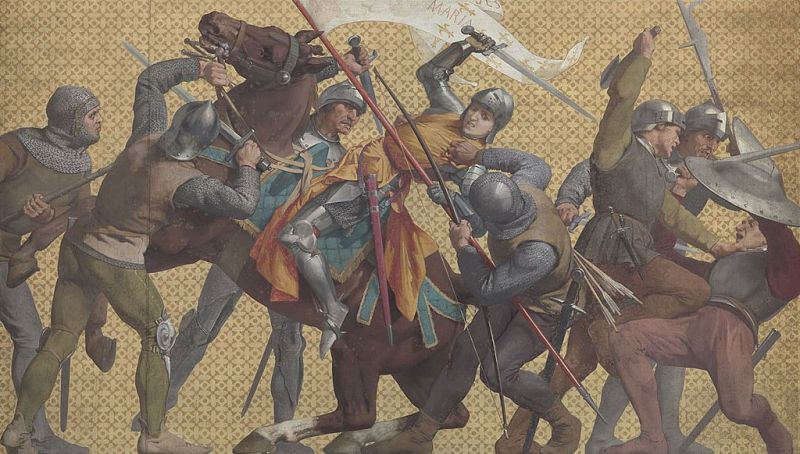Pictura murală, Ioana d'Arc capturată de burgunzi la Compiègne, de Jules-Eugène Lenepveu (c. 1886–1890, Panthéon, Paris) - foto preluat de pe en.wikipedia.org