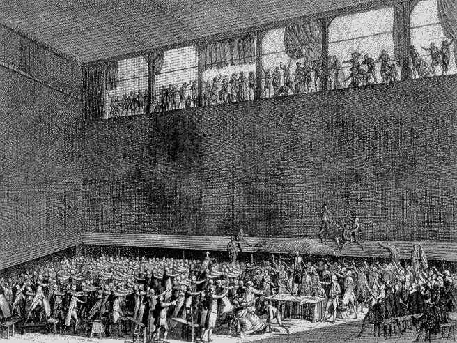 Le serment de Jeu de Paume. Copper plate by Pierre-Gabriel Berthault after a drawing by Jean-Louis Prieur (1789). The representatives swore not to depart until they had given France a new constitution - foto preluat de pe en.wikipedia.org