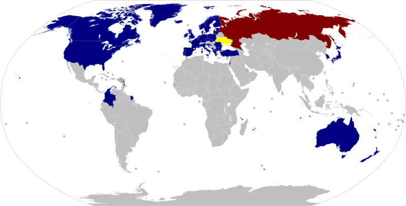 Roșu - Rusia
Galben - Ucraina
Albastru - Ţările care au furnizat Ucrainei echipamente militare în timpul invaziei din 2022 - foto preluat de pe ro.wikipedia.org