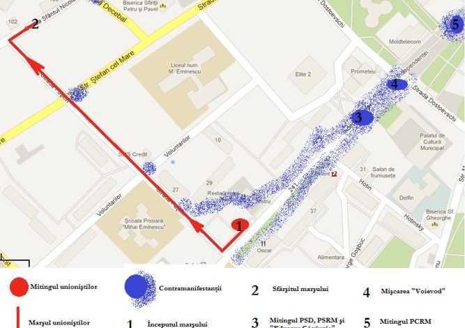 (5 august la Bălți) HARTA protestelor violente (Contramanifestanţii au încercat să blocheze Marşul de mai multe ori. Cele mai mari ciocniri au avut loc la intersecţiile străzii Puşkin cu cele a străzilor Voluntarilor şi Ştefan cel Mare.) - foto preluat de pe /timpul.md
