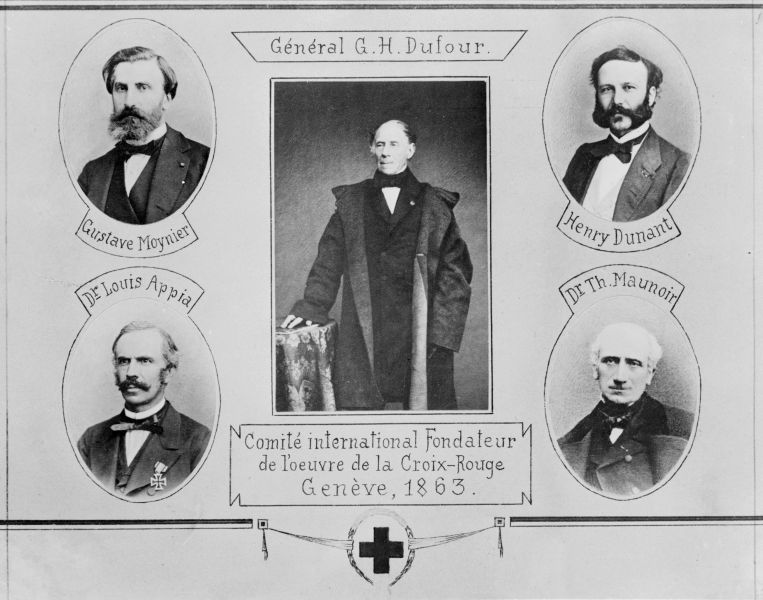 „Comitetul celor cinci”: Gustave Moynier, Guillaume-Henri Dufour, Henry Dunant, Louis Appia, Théodore Maunoir (9 februarie 1963) - foto preluat de pe en.wikipedia.org