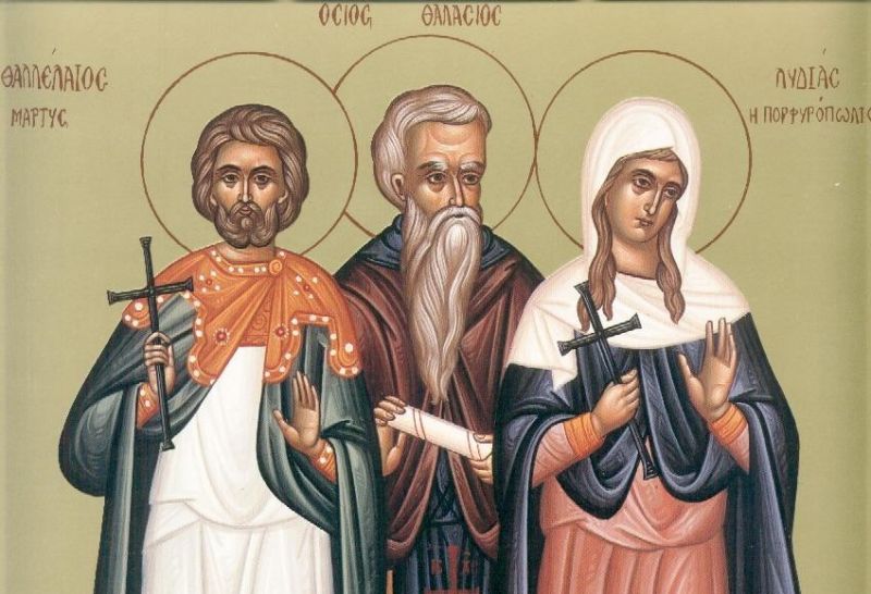 Sfântul Mucenic Talaleu, Sfântul Cuvios Talasie și Sfânta Muceniță Lidia Icoană sec. XX, Grecia, Colecția Sinaxar la Sfinții zilei (icoanele litografiate se găsesc la Catedrala Mitropolitană din Iași) - foto preluat de pe doxologia.ro