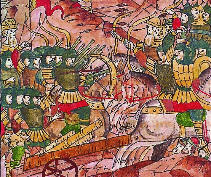 Bătălia de pe Râul Vorskla (12 august 1399) Miniatura secolului al XVI-lea. din Cronica Luminată. „Și îndepărtat, judecătore, dacă eu sunt mai în vârstă decât tine și tu ești mai tânăr decât mine, atunci se cuvine să fiu tatăl tău, iar tu să fii fiul meu, să-mi dai în fiecare an tribut și datorie din toată domnia ta. , și în toată domnia voastră bateți semnul Hoardei mele pe bani." Vitovt Keistutovich, auzind astfel de cuvinte, s-a înfuriat, a strigat și a ordonat armatei sale să se pregătească de luptă." - foto preluat de pe ro.wikipedia.org