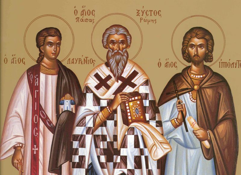 Sf. Mc. Laurențiu Arhidiaconul, Sixt, Episcopul Romei și Ipolit - Icoană sec. XX, Mănăstirea Panahrantou, Megara (Grecia) - Colecția Sinaxar la Sfinții zilei (icoanele litografiate se găsesc la Catedrala Mitropolitană din Iași) - foto preluat de pe  doxologia.ro