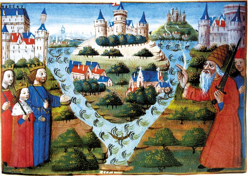 Tratatul de la Verdun (10 august 843) - Împăratul Ludovic I (dreapta) binecuvântând împărțirea Imperiului Franc în 843 în Franta de Vest, Franta de Mijloc și Franta de Est; din Grandes Chroniques de France, secolul al XV-lea - foto preluat de pe en.wikipedia.org