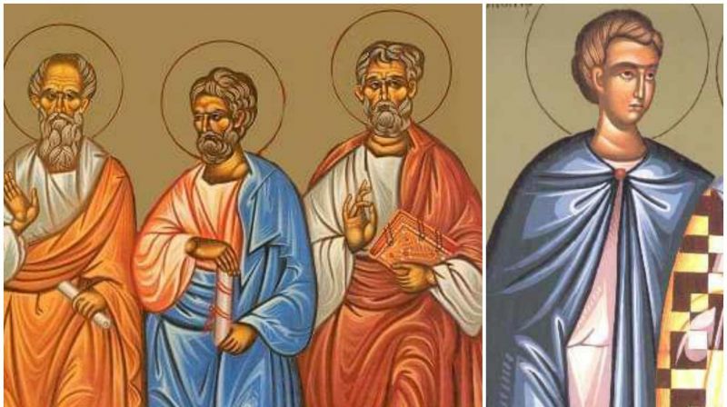 Icoană reprezentându-i pe Sfinții Apostoli Aristarh, Pud și Trofim alături de Sfântul Mucenic Crescent, simboluri ale mărturisirii creștine timpurii în lumina Învierii.