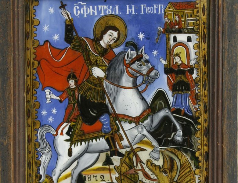 Icoană pe sticlă cu tema „Sfântul Mare Mucenic Gheorghe”, meșter Savu Moga, datare 1872, zona Arpașu de Sus, Țara Oltului, clasată în categoria jurică Tezaur - Colecția Muzeului Național al Țăranului Român - foto preluat de pe www.facebook.com/MuzeulTaranului