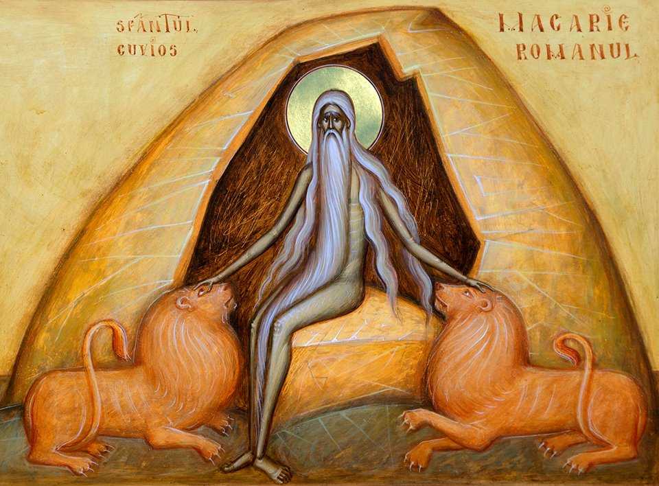 Sfântul Cuvios Macarie Romanul cu leii – detaliu din icoana Maicii Domnului Alăptătoarea de pe Valea Țibleșului, aflată în Spermezeu, satul natal al Preasfințitului Macarie Drăgoi. Iconari: Gabriel-Toma Chituc și Mihai Coman - foto preluat de pe doxologia.ro