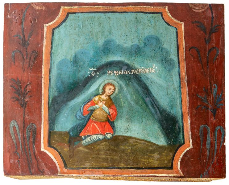 Icoană pe lemn cu tema „Sfântul Pantelimon”, datare secolul al XIX-lea, centru neidentificat - Colecția Muzeului Național al Țăranului Român - foto preluat de pe /www.facebook.com/MuzeulTaranului