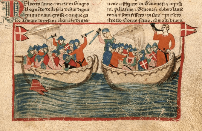 Miniatura bătăliei de la Meloria (6 august 1284) - Nuova Cronica Biblioteca Vaticanului Chig.L.VIII.296 - foto preluat de pe en.wikipedia.org