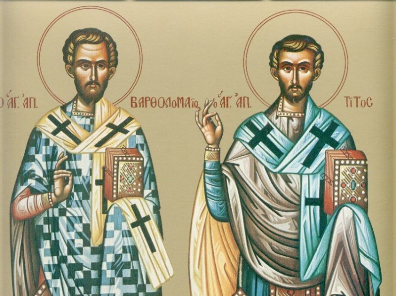 Sfinții Apostoli Bartolomeu și Tit - Icoană sec. XX, Mănăstirea Panahrantou, Megara (Grecia) - Colecția Sinaxar la Sfinții zilei (icoanele litografiate se găsesc la Catedrala Mitropolitană din Iași) - foto preluat de pe doxologia.ro
