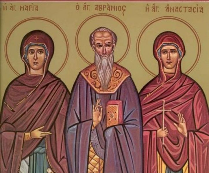 Sf. Cuv. Mc. Anastasia Romana; Sf. Cuv. Avramie și Maria, nepoata sa (29 octombrie) - Icoană sec. XX, Grecia - Colecția Sinaxar la Sfinții zilei (icoanele litografiate se găsesc la Catedrala Mitropolitană din Iași - foto preluat de pe doxologia.ro
