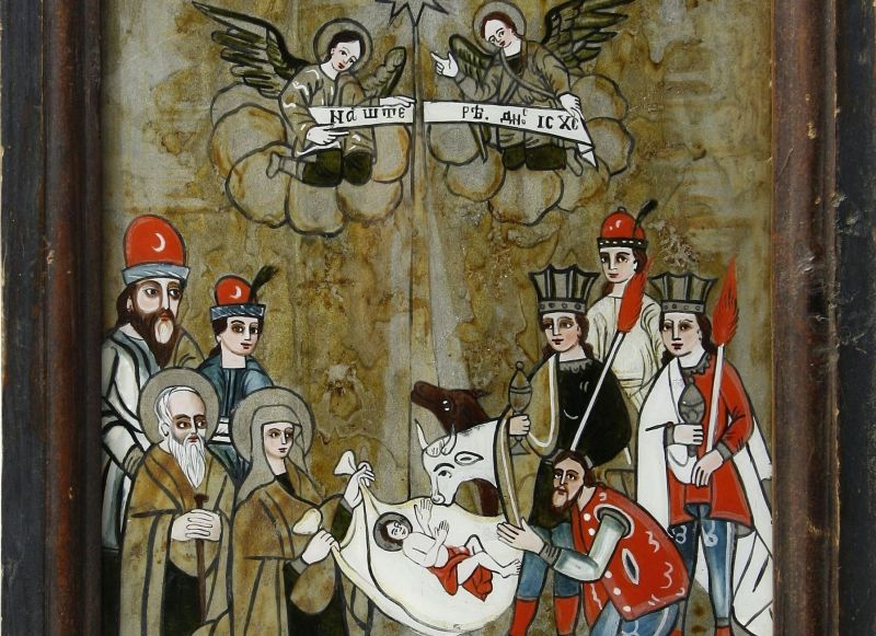 Icoană pe sticlă cu tema „Nașterea Domnului” datare 1869, meșter Savu Moga, zonă Arpașu de Sus, Țara Oltului, clasată în categoria juridică Tezaur - Colecția Muzeului Național al Țăranului Român - foto preluat de pe www.facebook.com/@MuzeulTaranului