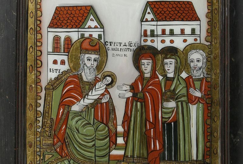 Icoană pe sticlă cu tema „Întâmpinarea Domnului” (Stretenia), meșter Savu Moga, datare 1877, zonă Arpașu de Sus, Țara Oltului - Colecția Muzeului Național al Țăranului Român, categoria jurică Tezaur - foto preluat de pe www.facebook.com/@MuzeulTaranului