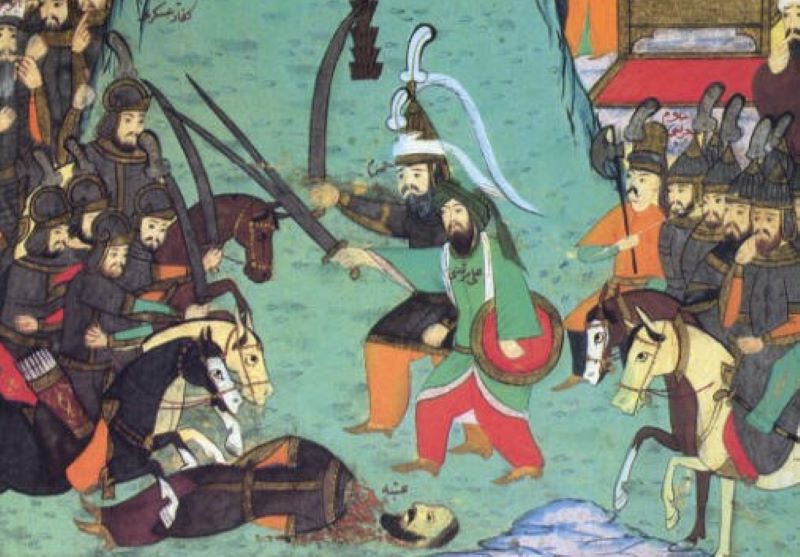 Bătălia de la Badr (13 martie 624) - Scenă din Siyer-i Nebi , Hamza și Ali conducând armatele musulmane la Badr. Scrisul este Naskh otoman  - foto preluat de pe en.wikipedia.org