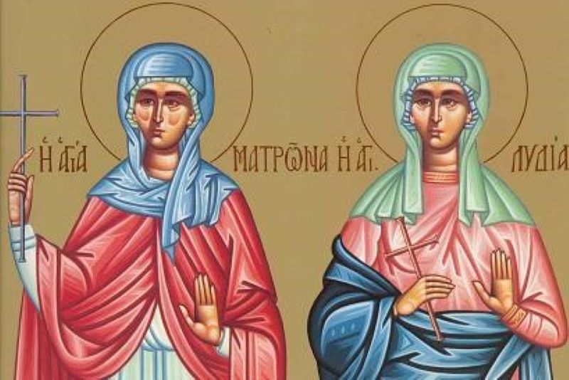 Sfintele Mucenițe Matrona din Tesalonic și Lidia, Icoană sec. XX, Mănăstirea Panahrantou, Megara (Grecia) - Colecția Sinaxar la Sfinții zilei (icoanele litografiate se găsesc la Catedrala Mitropolitană din Iași) - foto preluat de pe doxologia.ro