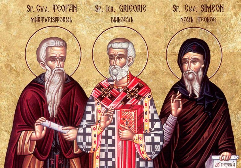 Sf. Cuv. Teofan Mărturisitorul; Sf. Ier. Grigorie Dialogul, episcopul Romei; Sf. Cuv. Simeon Noul Teolog - foto preluat de pe ziarullumina.ro