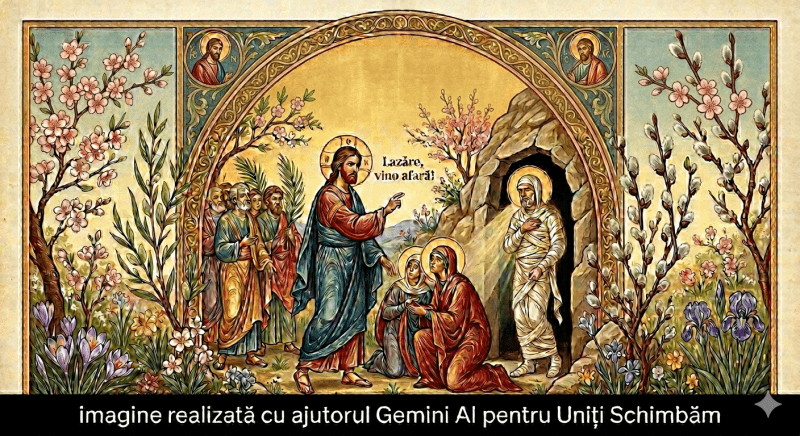 O reprezentare iconografică luminoasă și curată a Învierii lui Lazăr, înconjurată de flori de primăvară și ramuri de salcie înflorite. În partea de jos, o bandă neagră solidă conține textul alb: „imagine realizată cu ajutorul Gemini AI pentru Uniți Schimbăm”. Imaginea este optimizată pentru articolul unificat despre semnificația religioasă și datinile populare ale sărbătorii.