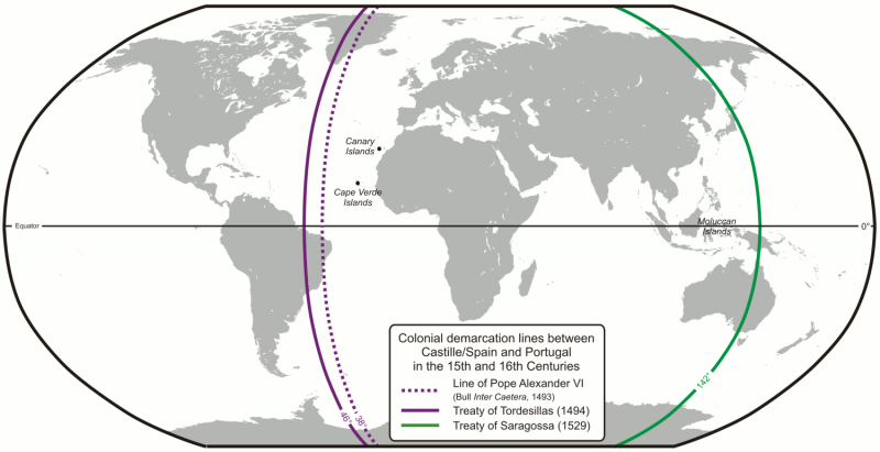 Meridianul Tratatului Tordesillas din 1494 (violet) și antimeridianul Moluccas (verde), stabilite prin Tratatul de la Zaragoza, 1529 - foto preluat de pe en.wikipedia.org