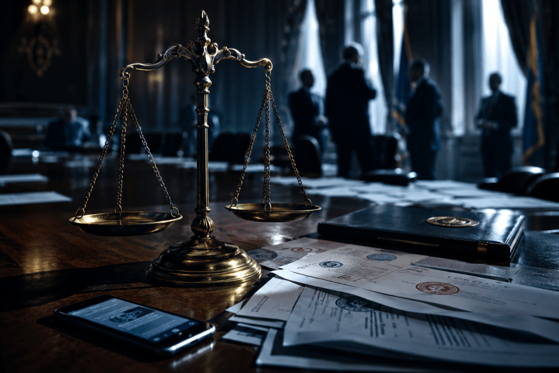 O balanță a justiției din bronz pe o masă din lemn masiv cu documente oficiale și un telefon mobil, având în fundal siluetele neclare ale unor politicieni în costume, într-o sală guvernamentală.